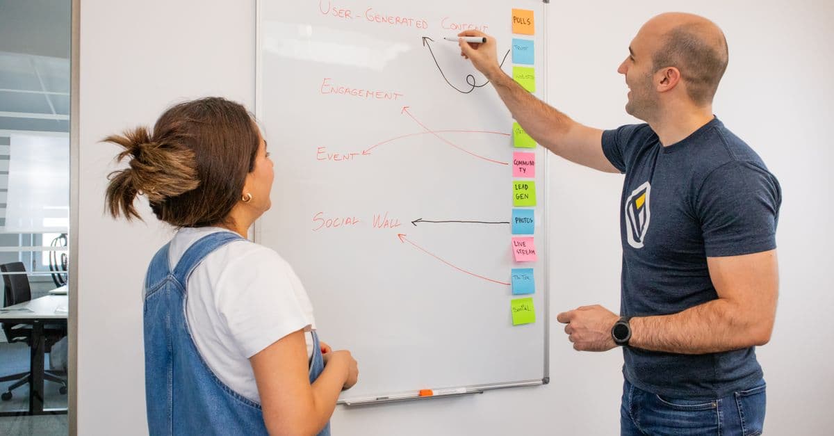 Marketers planning a campaign on a whiteboard