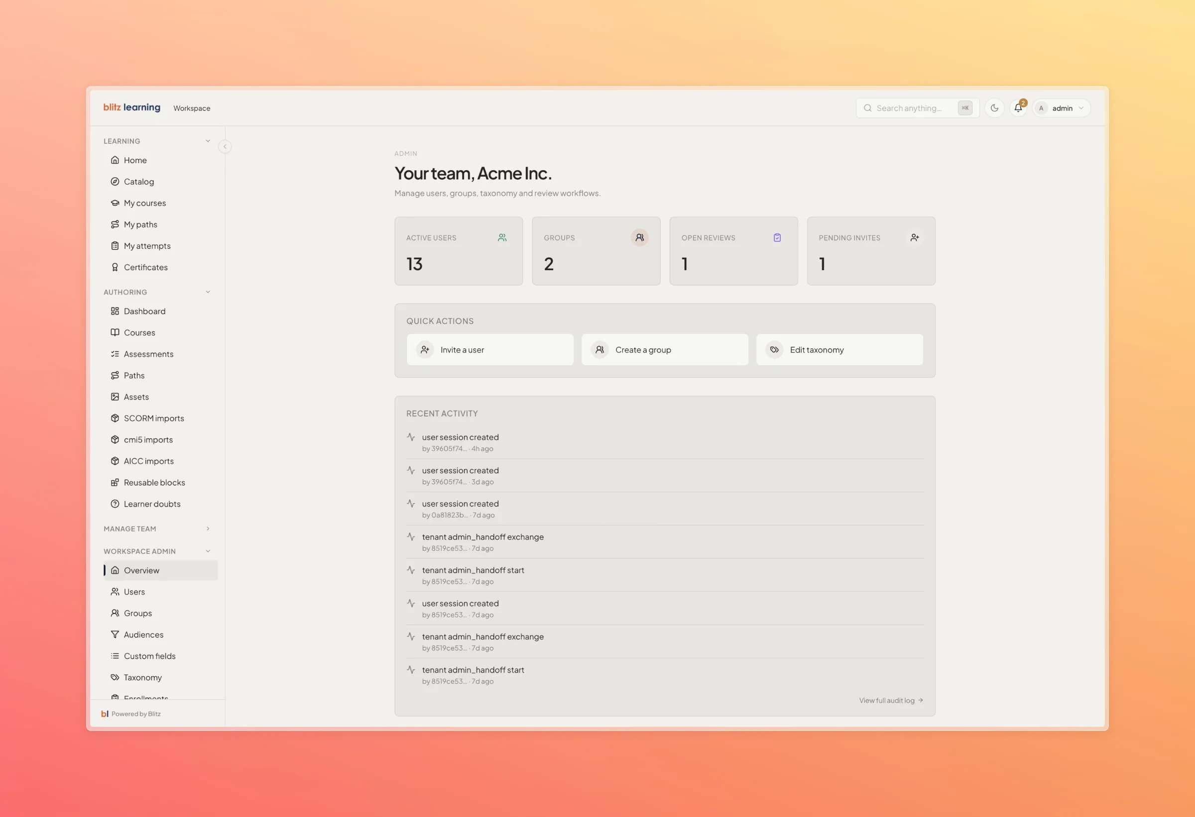 BlitzLIS workspace admin overview with active users, groups and recent activity