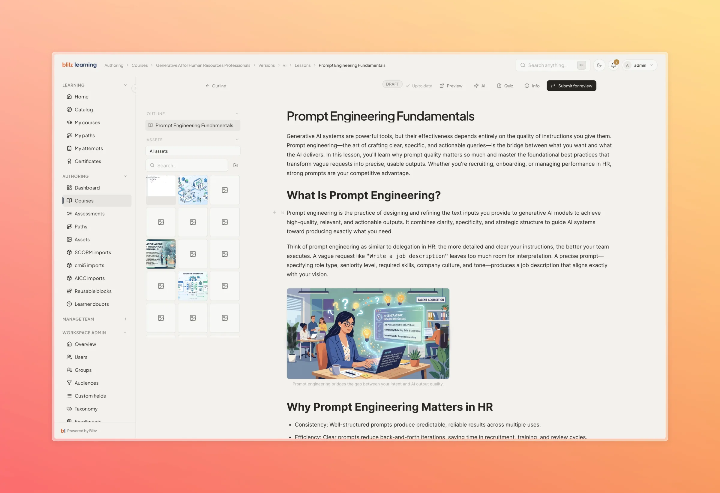 BlitzLIS block-based lesson editor in draft with an asset library panel