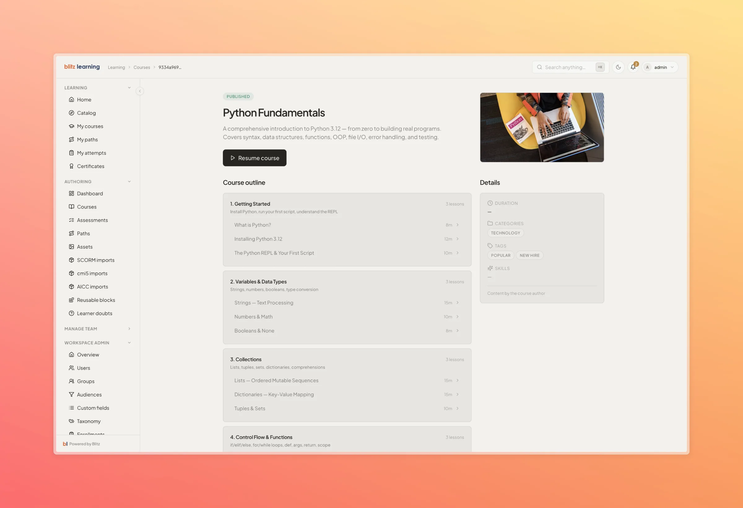 BlitzLIS course detail page showing the outline, duration, tags and resume button