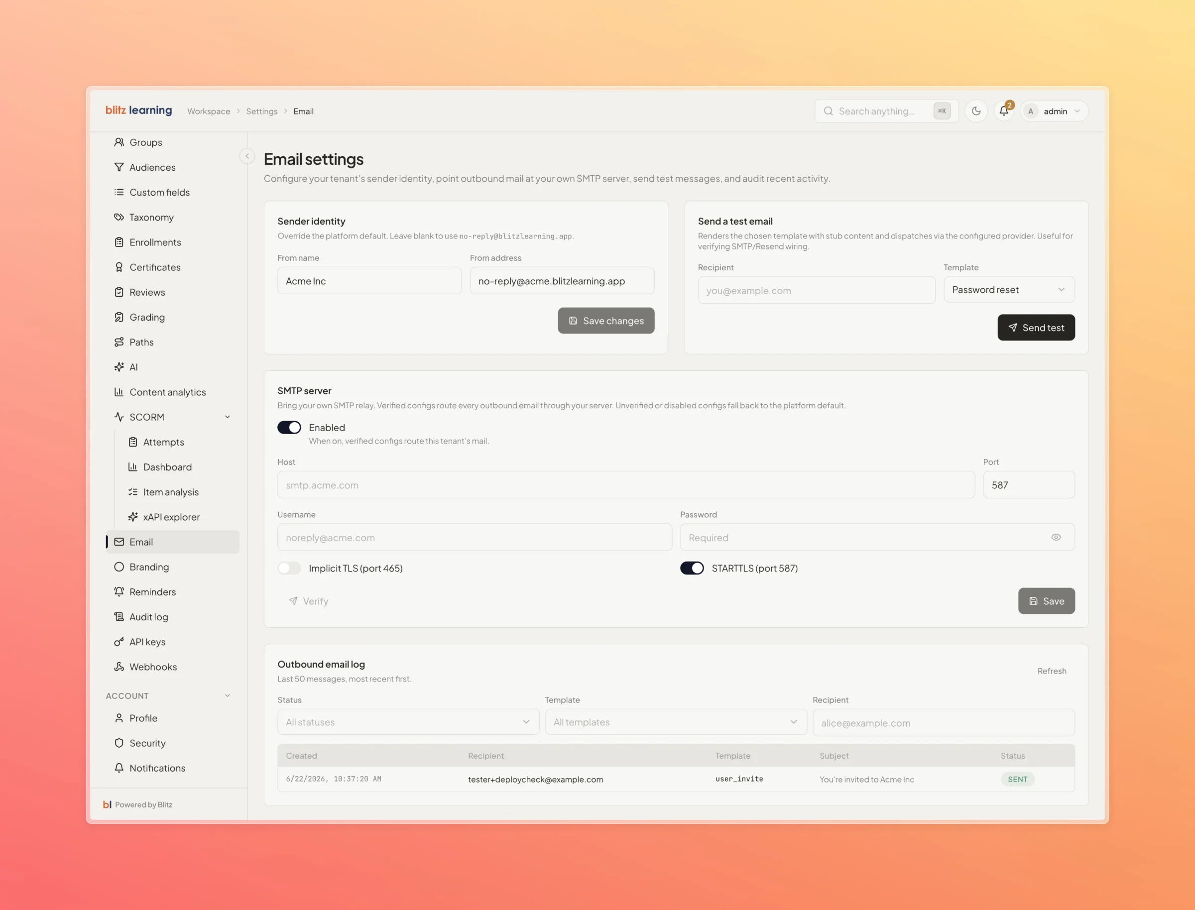 BlitzLIS tenant email settings with sender identity, SMTP server and outbound log