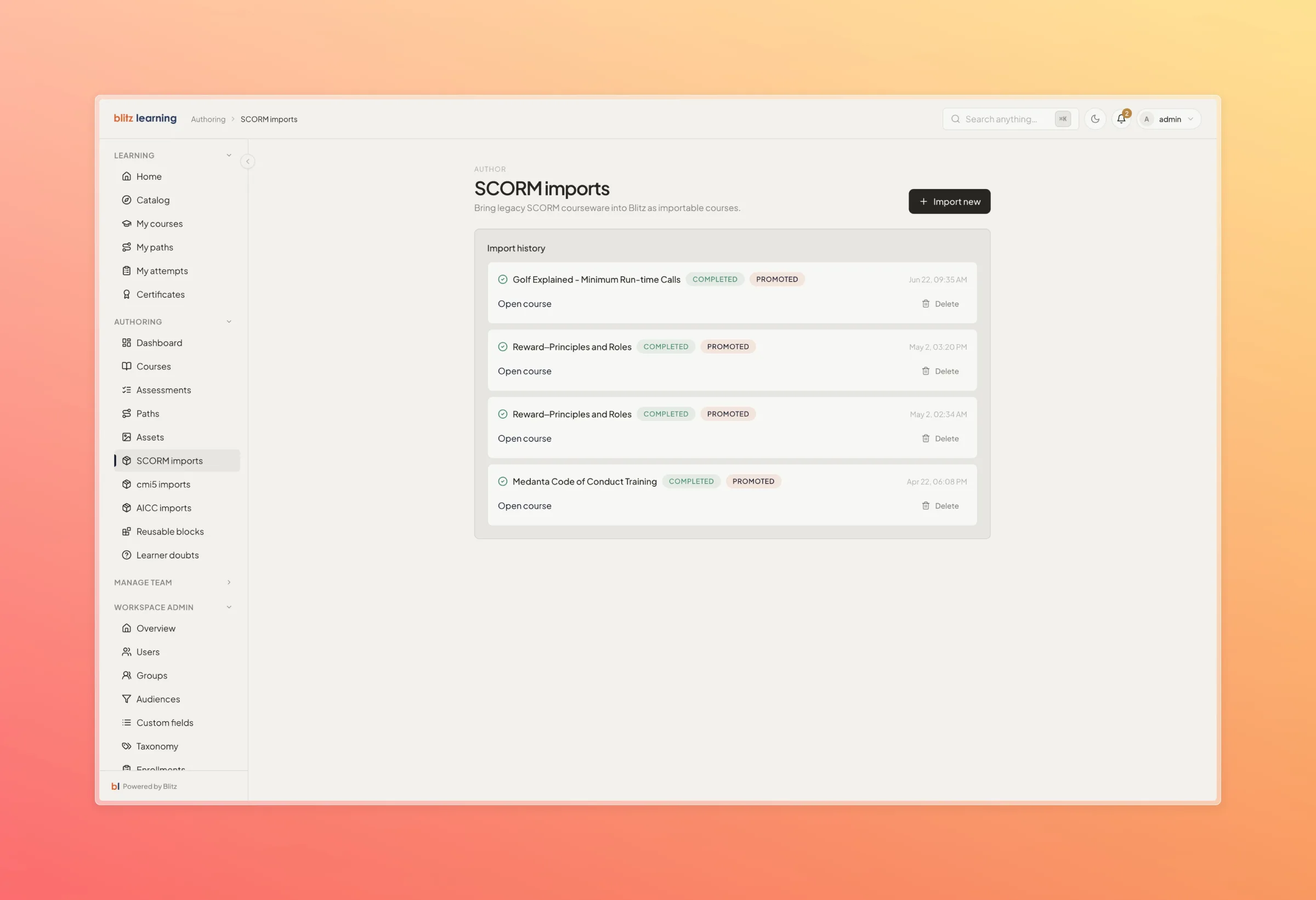 BlitzLIS SCORM import history listing completed and promoted packages